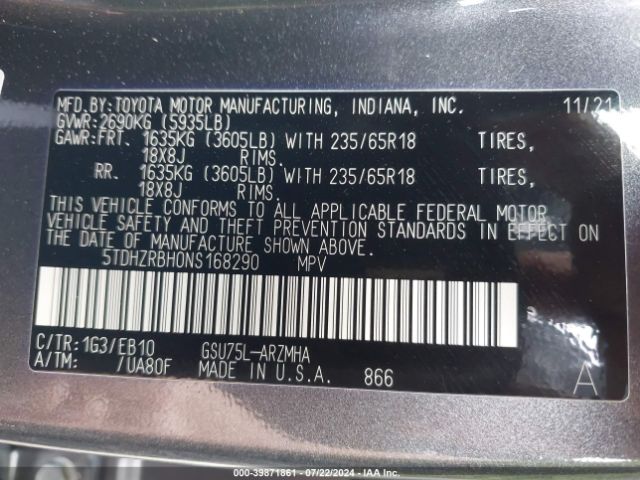 Photo 8 VIN: 5TDHZRBH0NS168290 - TOYOTA HIGHLANDER 