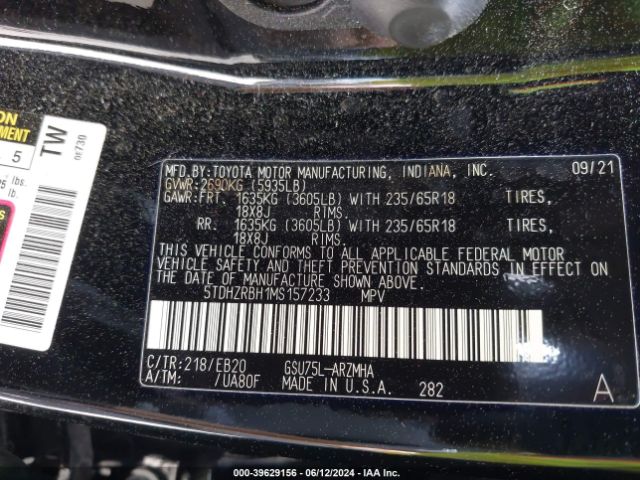 Photo 8 VIN: 5TDHZRBH1MS157233 - TOYOTA HIGHLANDER 