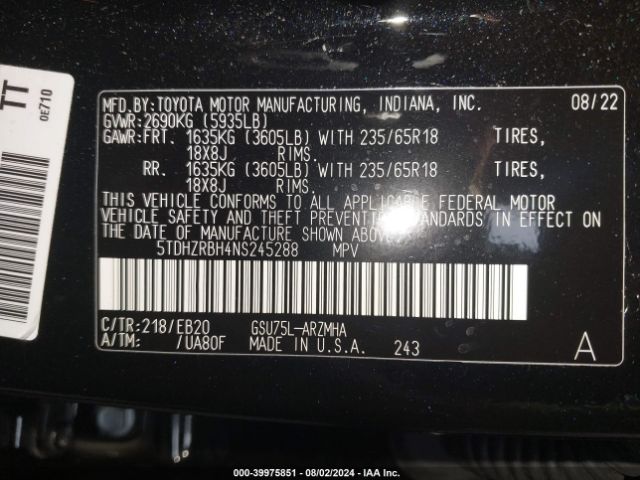 Photo 8 VIN: 5TDHZRBH4NS245288 - TOYOTA HIGHLANDER 