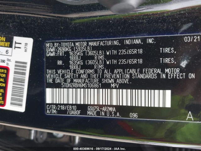 Photo 8 VIN: 5TDHZRBH6MS106861 - TOYOTA HIGHLANDER 