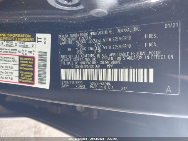 Photo 8 VIN: 5TDHZRBH8MS091568 - TOYOTA HIGHLANDER 