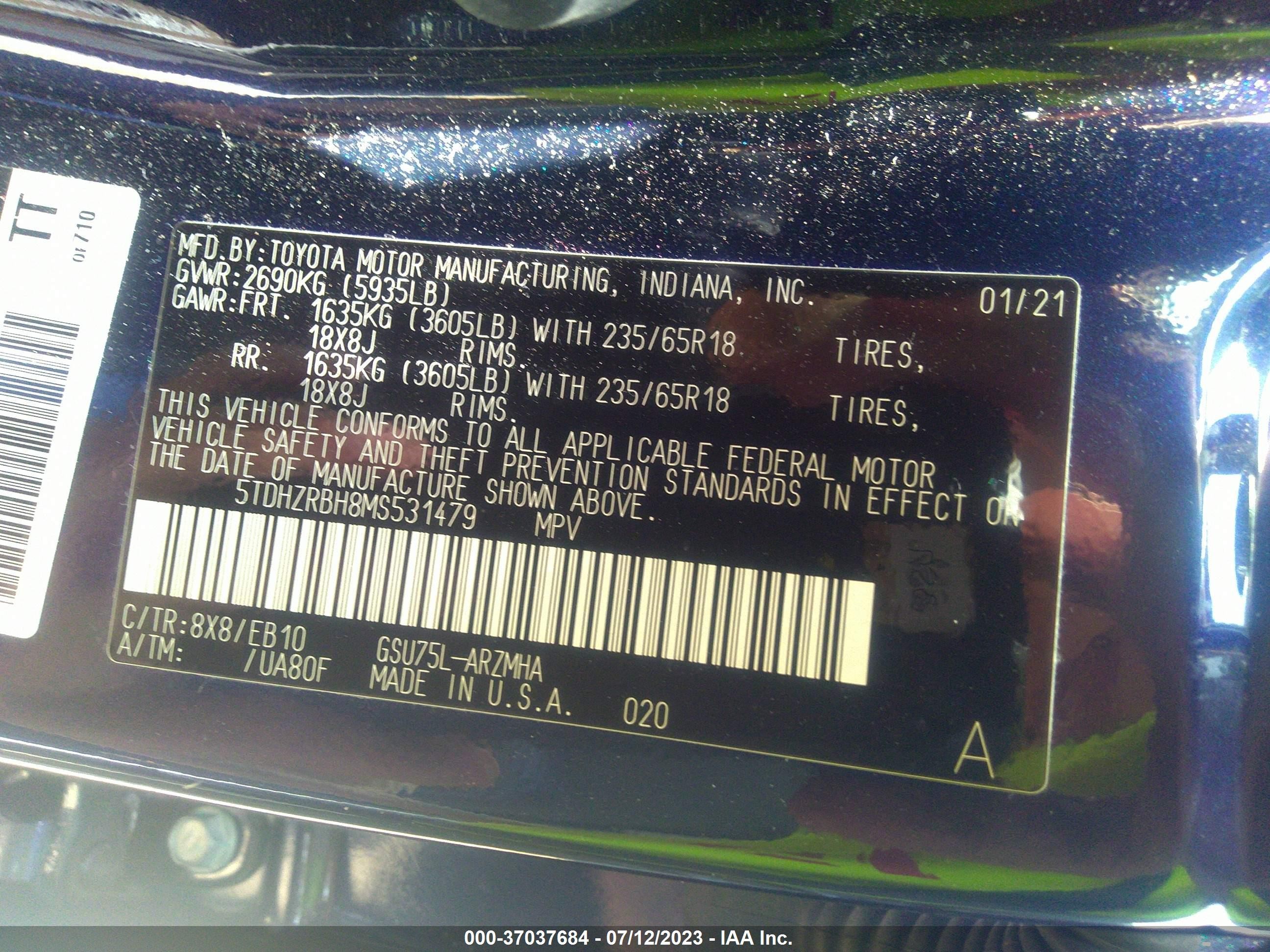 Photo 8 VIN: 5TDHZRBH8MS531479 - TOYOTA HIGHLANDER 