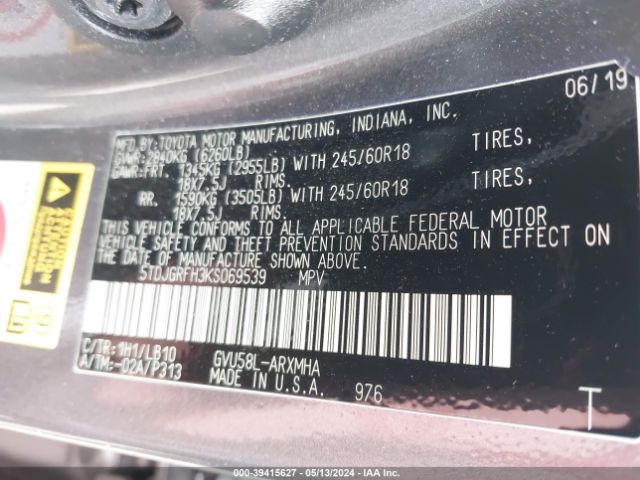 Photo 8 VIN: 5TDJGRFH3KS069539 - TOYOTA HIGHLANDER HYBRID 