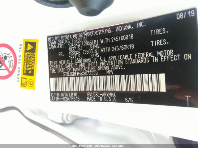 Photo 8 VIN: 5TDJGRFH4KS073339 - TOYOTA HIGHLANDER 