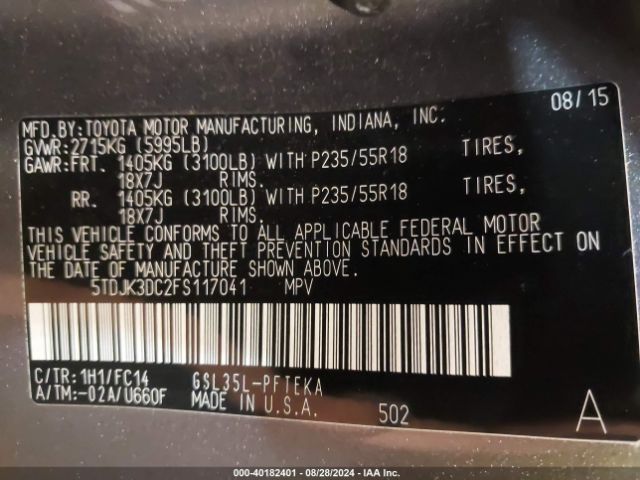 Photo 8 VIN: 5TDJK3DC2FS117041 - TOYOTA SIENNA 