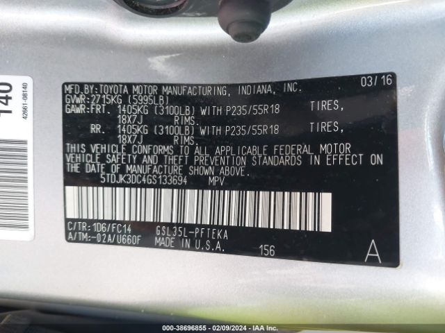 Photo 8 VIN: 5TDJK3DC4GS133694 - TOYOTA SIENNA 