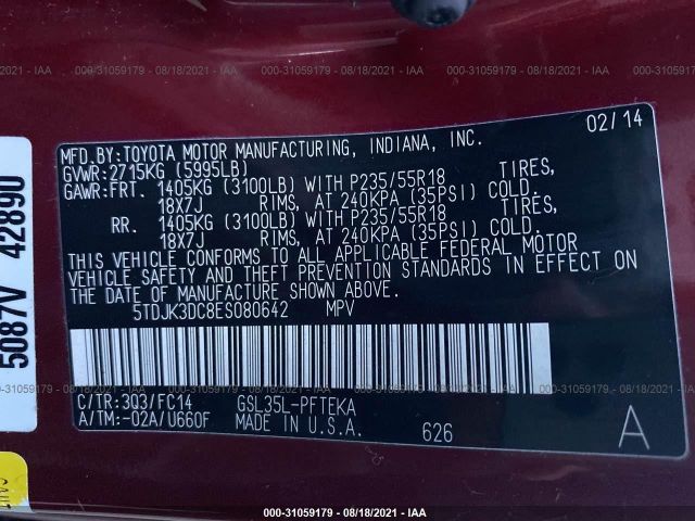 Photo 8 VIN: 5TDJK3DC8ES080642 - TOYOTA SIENNA 