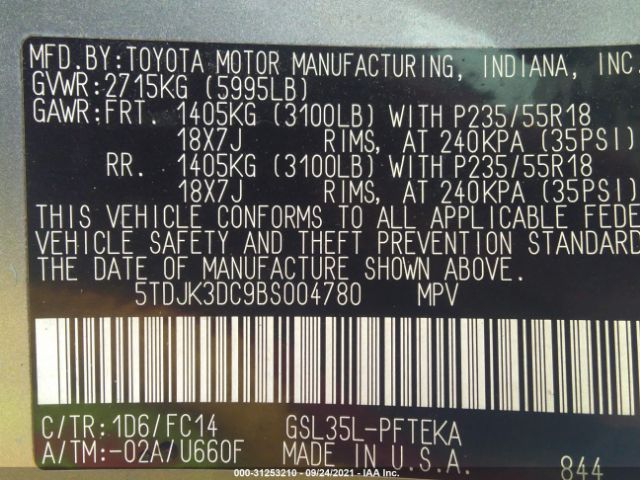 Photo 8 VIN: 5TDJK3DC9BS004780 - TOYOTA SIENNA 