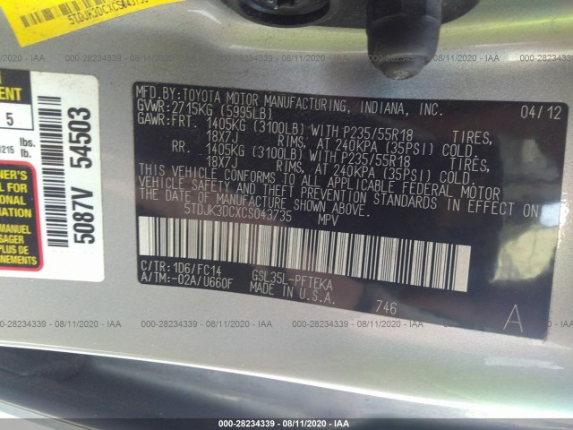 Photo 8 VIN: 5TDJK3DCXCS043735 - TOYOTA SIENNA 