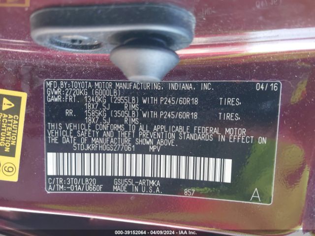 Photo 8 VIN: 5TDJKRFH0GS277061 - TOYOTA HIGHLANDER 