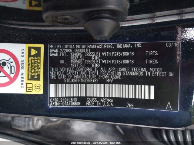 Photo 8 VIN: 5TDJKRFH1GS268482 - TOYOTA HIGHLANDER 