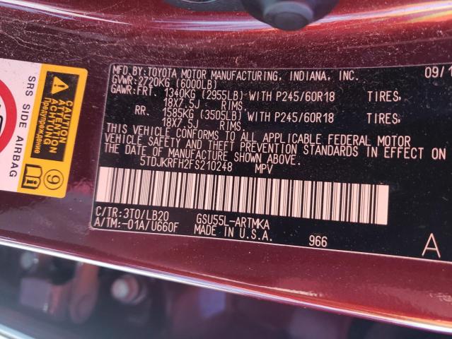 Photo 9 VIN: 5TDJKRFH2FS210248 - TOYOTA HIGHLANDER 