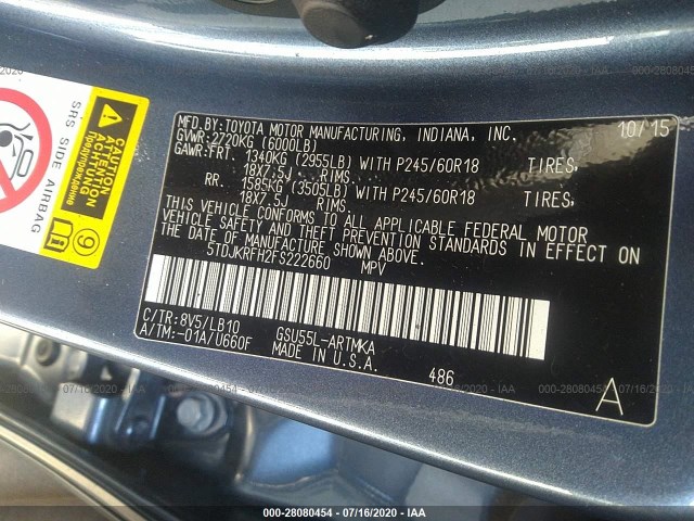 Photo 8 VIN: 5TDJKRFH2FS222660 - TOYOTA HIGHLANDER 