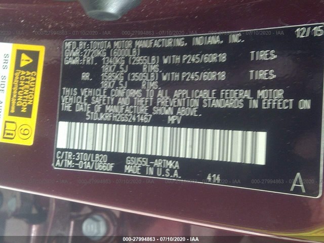 Photo 8 VIN: 5TDJKRFH2GS241467 - TOYOTA HIGHLANDER 