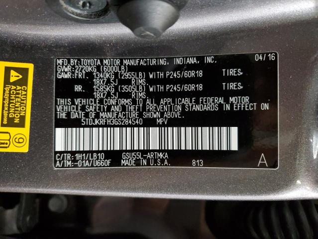 Photo 12 VIN: 5TDJKRFH3GS284540 - TOYOTA HIGHLANDER 