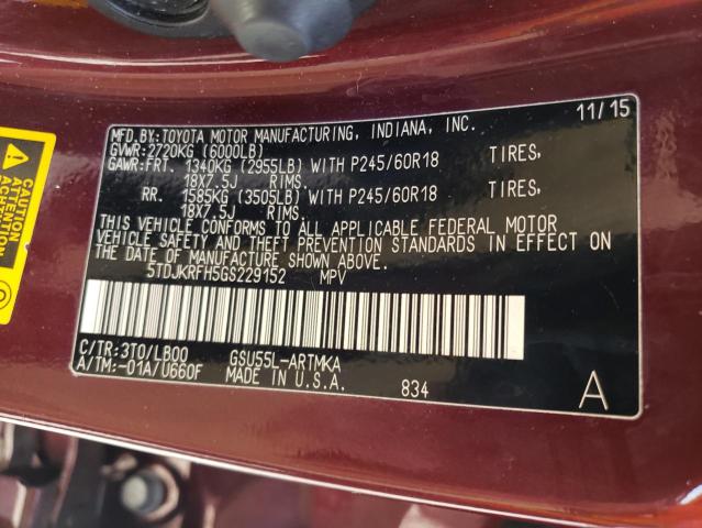 Photo 9 VIN: 5TDJKRFH5GS229152 - TOYOTA HIGHLANDER 