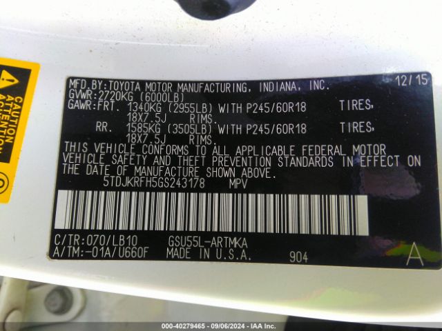 Photo 8 VIN: 5TDJKRFH5GS243178 - TOYOTA HIGHLANDER 