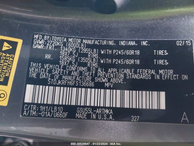 Photo 8 VIN: 5TDJKRFH6FS136686 - TOYOTA HIGHLANDER 