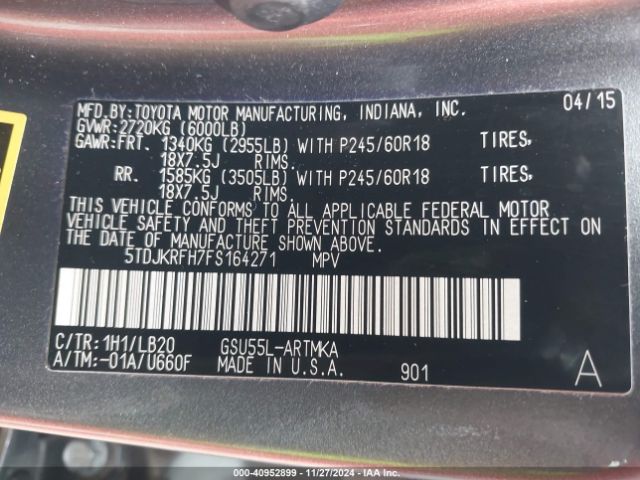 Photo 8 VIN: 5TDJKRFH7FS164271 - TOYOTA HIGHLANDER 