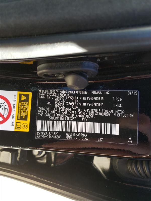 Photo 9 VIN: 5TDJKRFH8FS160357 - TOYOTA HIGHLANDER 