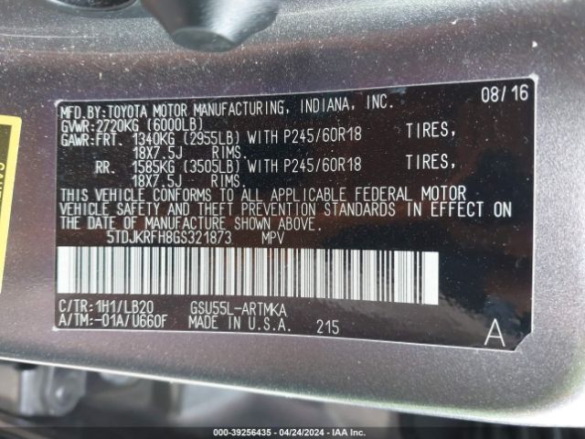 Photo 8 VIN: 5TDJKRFH8GS321873 - TOYOTA HIGHLANDER 