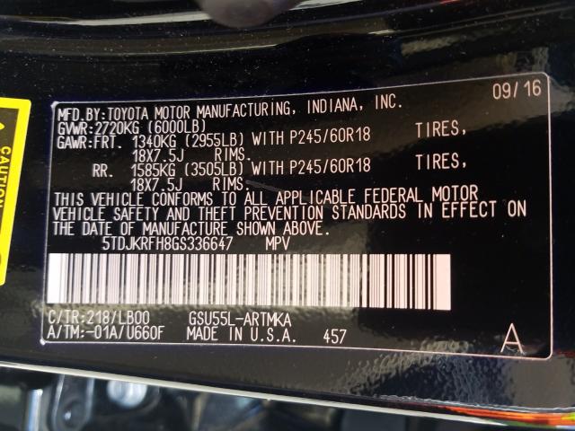 Photo 9 VIN: 5TDJKRFH8GS336647 - TOYOTA HIGHLANDER 