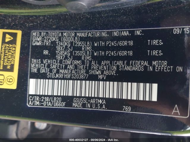 Photo 8 VIN: 5TDJKRFH9FS203877 - TOYOTA HIGHLANDER 