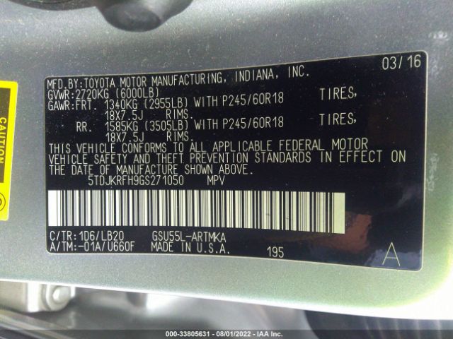 Photo 8 VIN: 5TDJKRFH9GS271050 - TOYOTA HIGHLANDER 