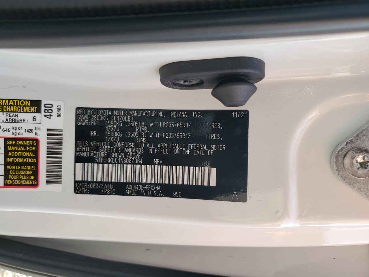 Photo 11 VIN: 5TDJRKEC1NS087064 - TOYOTA SIENNA XLE 