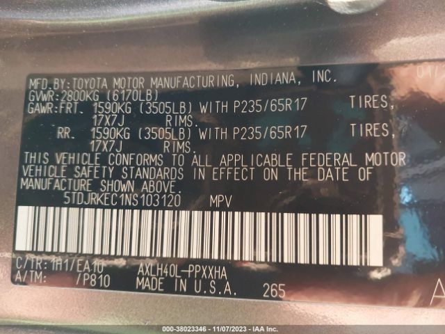 Photo 8 VIN: 5TDJRKEC1NS103120 - TOYOTA SIENNA 