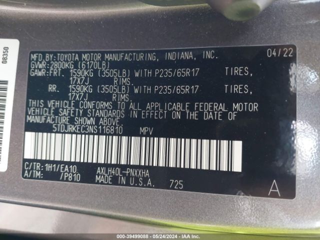 Photo 8 VIN: 5TDJRKEC3NS116810 - TOYOTA SIENNA 