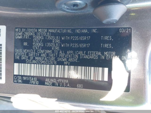 Photo 8 VIN: 5TDJRKEC5MS032616 - TOYOTA SIENNA 