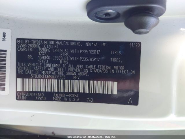 Photo 8 VIN: 5TDJRKEC6MS006395 - TOYOTA SIENNA 