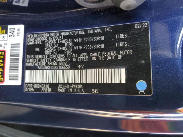 Photo 12 VIN: 5TDJRKEC6NS106658 - TOYOTA SIENNA XLE 