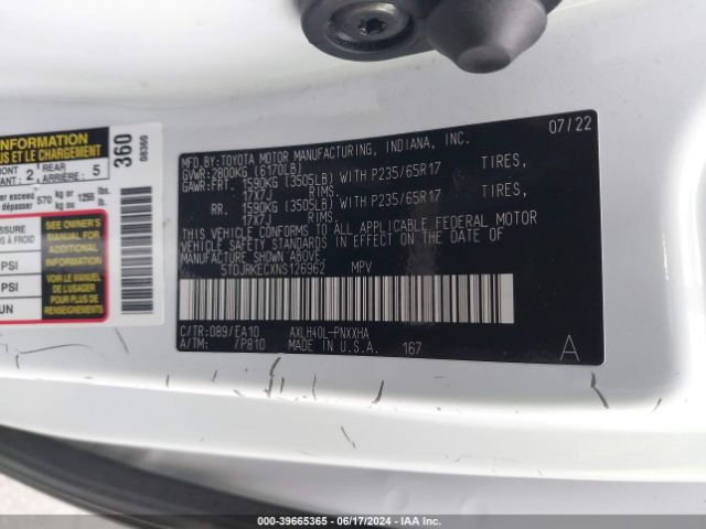 Photo 8 VIN: 5TDJRKECXNS126962 - TOYOTA SIENNA 