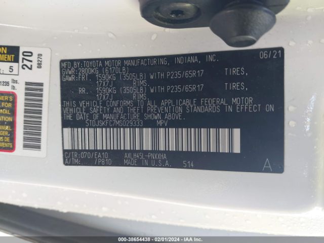 Photo 8 VIN: 5TDJSKFC7MS029333 - TOYOTA SIENNA 