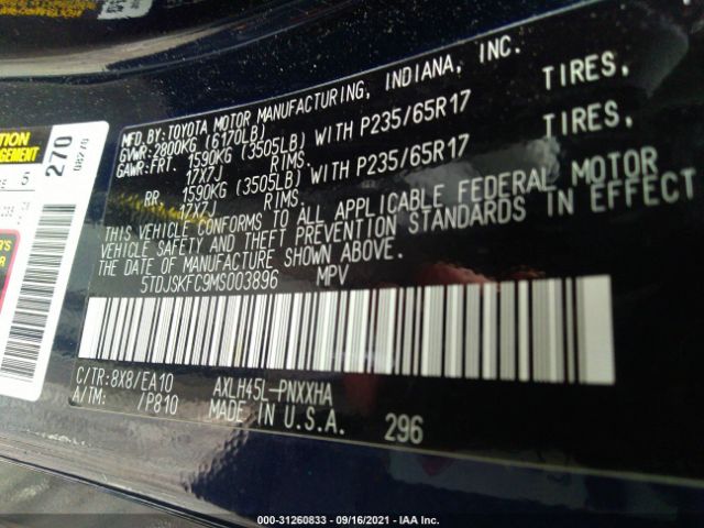 Photo 8 VIN: 5TDJSKFC9MS003896 - TOYOTA SIENNA 