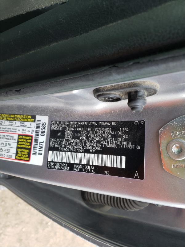 Photo 9 VIN: 5TDJW5G17CS070594 - TOYOTA SEQUOIA LI 