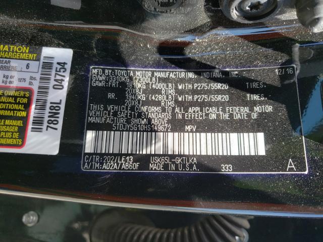 Photo 9 VIN: 5TDJY5G10HS149672 - TOYOTA SEQUOIA LI 