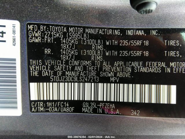 Photo 8 VIN: 5TDJZ3DC9LS247213 - TOYOTA SIENNA 