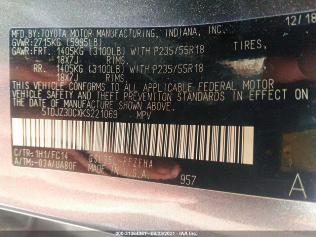 Photo 8 VIN: 5TDJZ3DCXKS221069 - TOYOTA SIENNA 