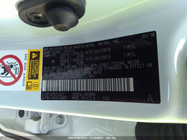 Photo 8 VIN: 5TDJZRFH0JS549952 - TOYOTA HIGHLANDER 