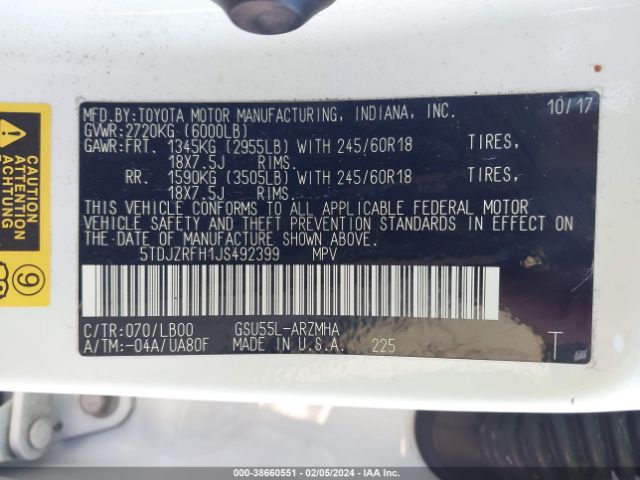 Photo 8 VIN: 5TDJZRFH1JS492399 - TOYOTA HIGHLANDER 