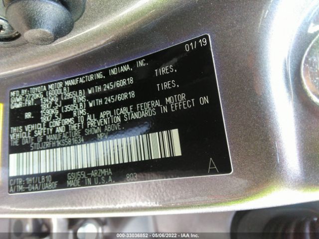 Photo 8 VIN: 5TDJZRFH1KS581634 - TOYOTA HIGHLANDER 