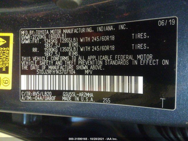 Photo 8 VIN: 5TDJZRFH1KS707104 - TOYOTA HIGHLANDER 