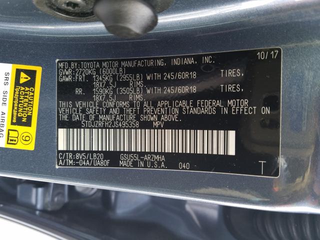 Photo 9 VIN: 5TDJZRFH2JS495358 - TOYOTA HIGHLANDER 