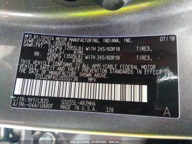 Photo 8 VIN: 5TDJZRFH2JS555736 - TOYOTA HIGHLANDER 