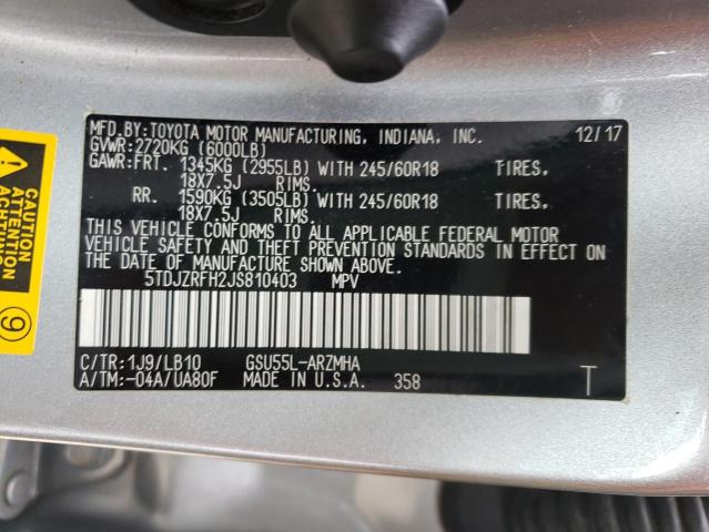 Photo 9 VIN: 5TDJZRFH2JS810403 - TOYOTA HIGHLANDER 