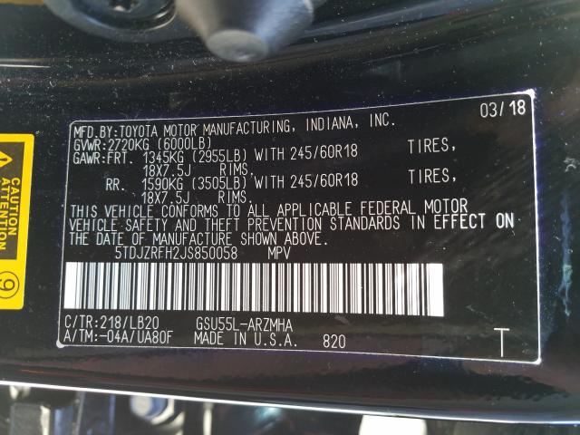 Photo 9 VIN: 5TDJZRFH2JS850058 - TOYOTA HIGHLANDER 