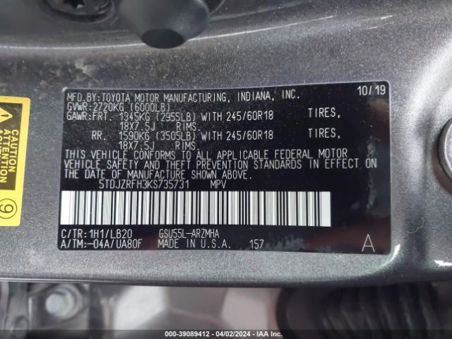 Photo 8 VIN: 5TDJZRFH3KS735731 - TOYOTA HIGHLANDER 